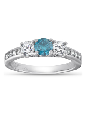 Pompeii3 1 Carat Three Stone Blue & White Diamond Ring 14k White Gold