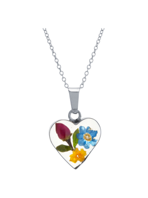 Women's Sterling Silver Pressed Flowers Small Heart Pendant (18")