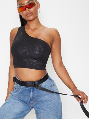 Black Crepe Textured One Shoulder Crop Top