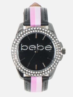 Black Crystal Bebe Logo Stripe Band Watch