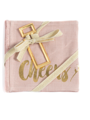 "cheers" Set Of Two Napkins And Bottle Opener Gift Set - Pink - Shiraleah