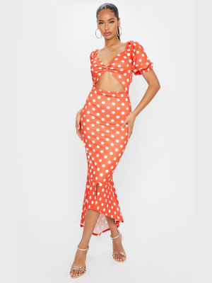 Rust Polka Dot Twist Detail Puff Sleeve Midi Dress