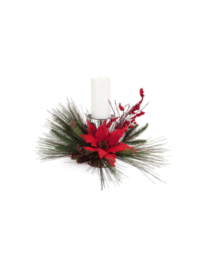 Melrose 13" Red And Green Poinsettia Floral Artificial Christmas Pillar Candle Holder