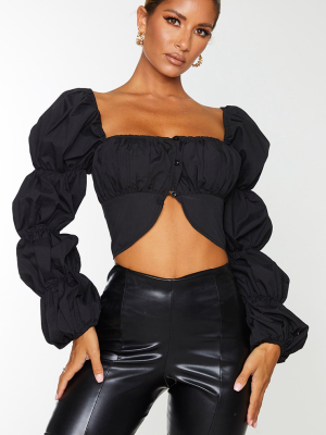 Black Woven Pleated Tiered Sleeve Blouse