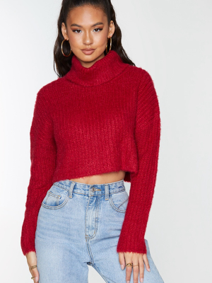 Red Fluffy Roll Neck Slouchy Sweater