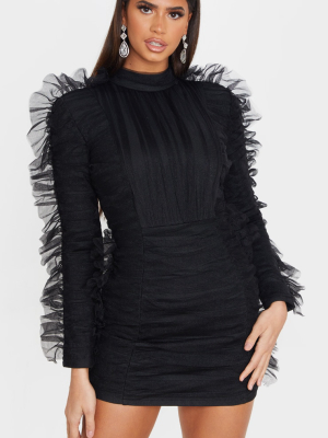 Black Bandage Chiffon Frill Bodycon Dress