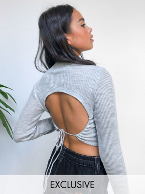 Collusion Knitted Top With Open Back In Gray