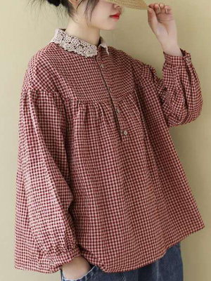 Plus Size - Women Loose Breasted Lace Plaid Tops