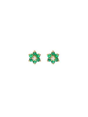 14k Gold Prong Set Flower Studs With Emerald Petals And A Diamond Center