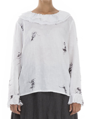 Ruffled Minimal Print White Linen Blouse