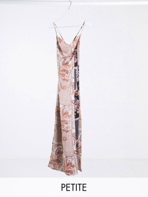 Missguided Petite Satin Cowl Neck Maxi Dress In Paisley Print