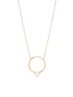 14k Circle Pearl And Prong Diamond Necklace