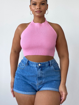 Plus Pink Knitted Halterneck Crop Top