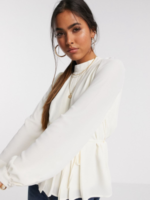 Vero Moda High Neck Blouse With Pleat Detail In Cream