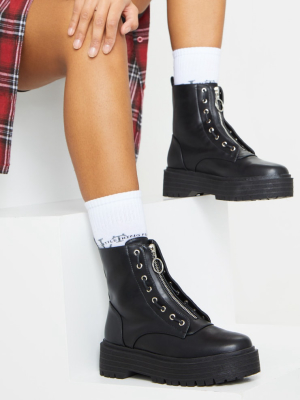 Black Double Sole Zip Front Biker Boots