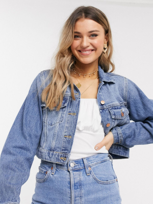 New Look Cropped Denim Jacket In Mid Blue Wash