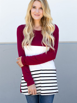 Colorblock Tunic - Burgundy / Black Stripe