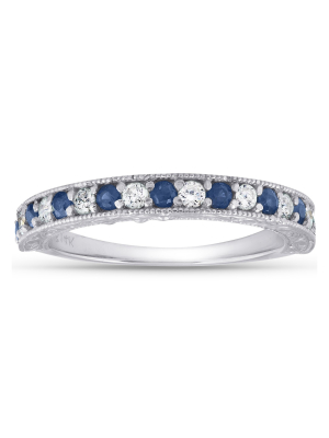 Pompeii3 1/2ct Blue Sapphire & Diamond Wedding Ring Anniversary Stackable Band White Gold - Size 7