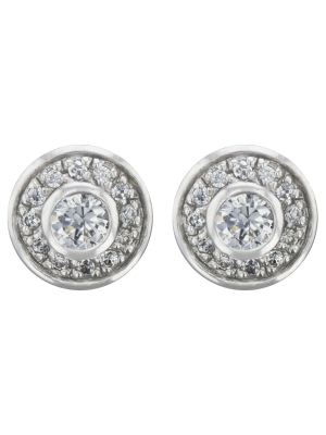 Button Earrings Sterling Cubic Zirconia Halo - Silver/clear