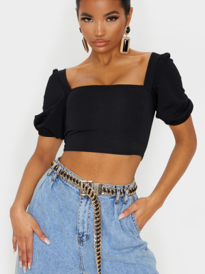 Black Scuba Short Puff Sleeve Crop Top