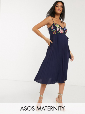 Asos Design Maternity Embroidered Pleated Cami Wrap Midi Dress In Navy