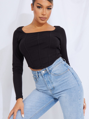 Black Rib Corset Detail Long Sleeve Crop Top