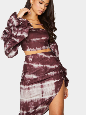 Brown Tie Dye Print Woven Ruched Sleeve Crop Top