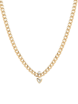 14k Medium Curb Chain Necklace With Prong And Trillion Diamonds