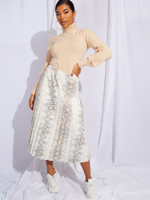 White Snake Faux Leather Pleated Midi Skirt