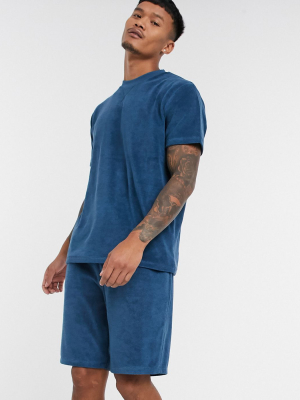 Asos Design Lounge T-shirt And Short Pajama Set In Blue Terrycloth