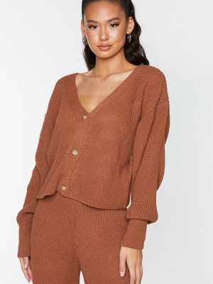 Rust Button Down Balloon Sleeve Knitted Cardigan