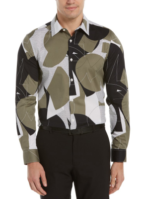 Slim Fit Abstract Grate Print Stretch Shirt