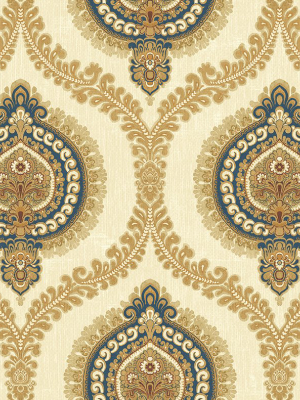 Medallion Ogee Wallpaper In Navy Gold From The Caspia Collection By Wallquest