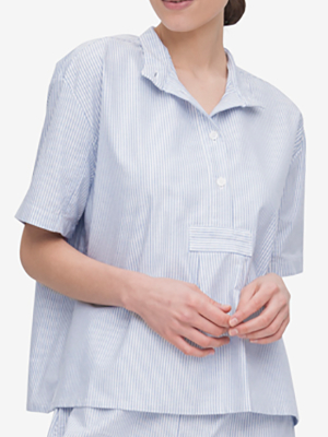Short Sleeve Cropped Shirt Blue Oxford Stripe