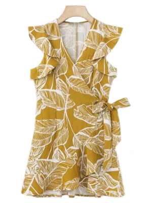 'rima' Frilly Wrap Tied Leaf Pattern Dress (2 Colors)