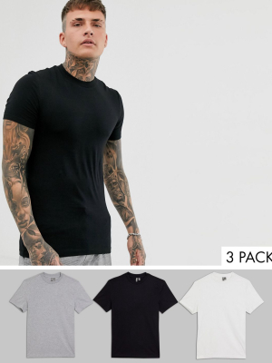 Asos Design 3 Pack Muscle Fit T-shirt With Crew Neck