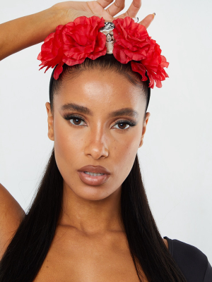 Red Day Of The Dead Roses Skull Headband