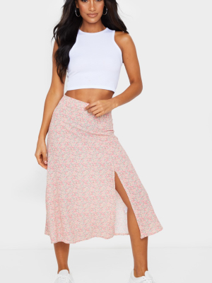 Pink Ditsy Floral Print Floaty Midi Skirt