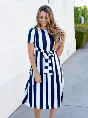 Cali Striped Tie Dress - Navy