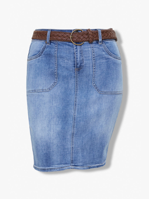 Plus Size Belted Denim Skirt