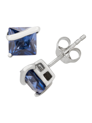 Princess-cut Sapphire Stud Earrings In Sterling Silver