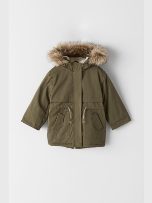 Hooded Parka With Faux Fur Trim
