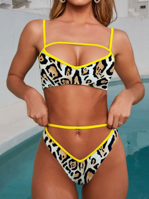 Leopard High Leg Cutout Thong Bikini Swimsuit - Two Piece Set