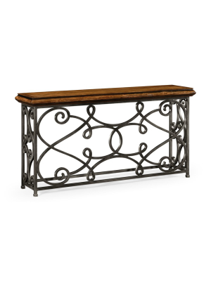 72" Width Rectangular Rustic Walnut Console With Wrought Iron Base