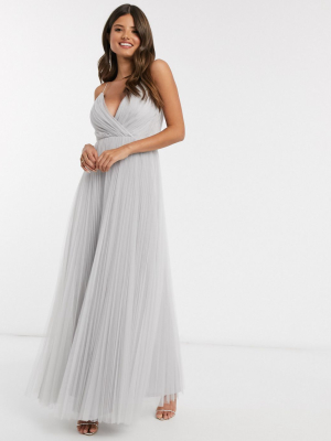Asos Design Cami Pleat Tulle Maxi Dress In Silver