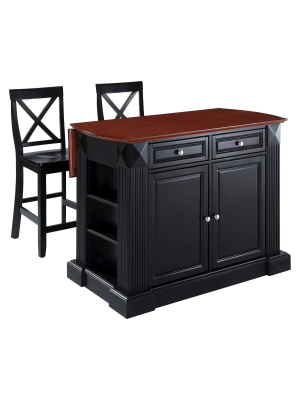 Drop Leaf Breakfast Bar Top Kitchen Island - Black With 24" Black X-back Stools - Crosley