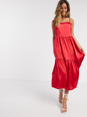 Vila Satin Midi Dress With Cami Sleeves In Pink