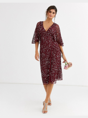 Maya Bridesmaid Delicate Sequin Wrap Midi Dress Wine