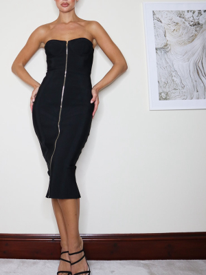 Black Bandage Bandeau Zip Front Midi Dress