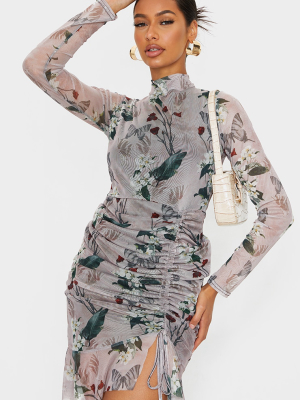 Nude Floral Print High Neck Long Sleeve Mesh...